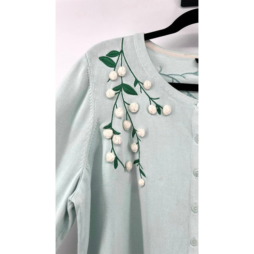 Talbots Floral Embroidered Cardigan Sweater Size 2Xp Mint Green Pom Pom Detail - Picture 4 of 12